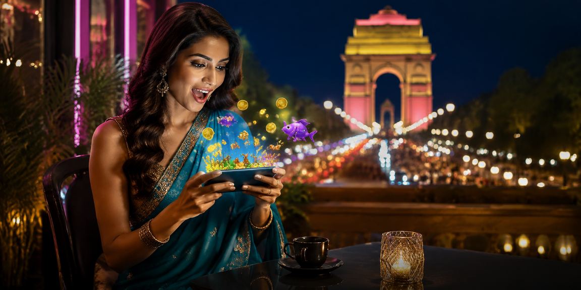 Indian woman enjoying online gaming at India Gate Delhi