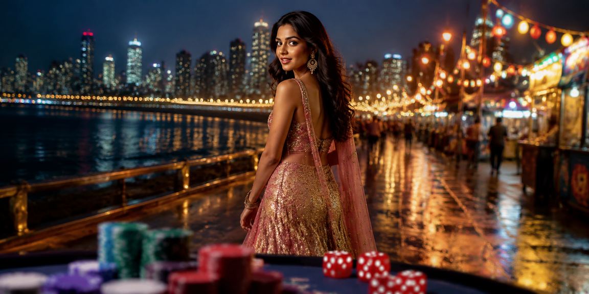 View of Mumbai's Marine Drive with people playing outdoor dice games