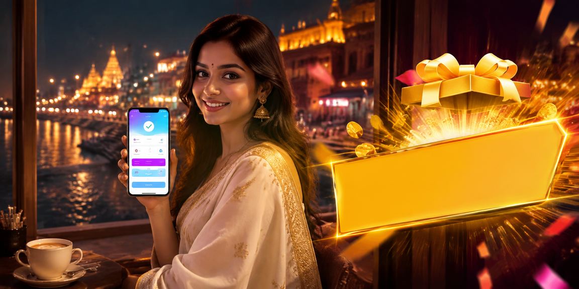 Indian woman paying via mobile at Varanasi Ghat